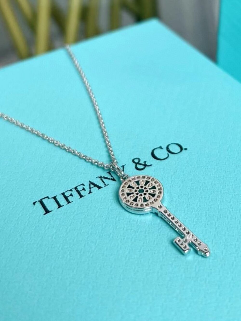 Tiffany & Co. Keys Round Key Pendant Necklace Sterling Silver Pavé Crystal w/ Ch